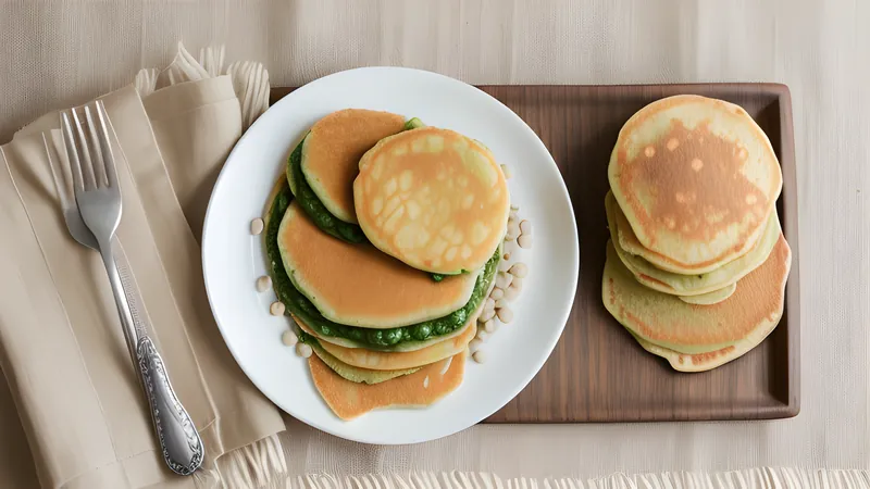Golden mung bean pancakes stacked on a plate with dipping sauce