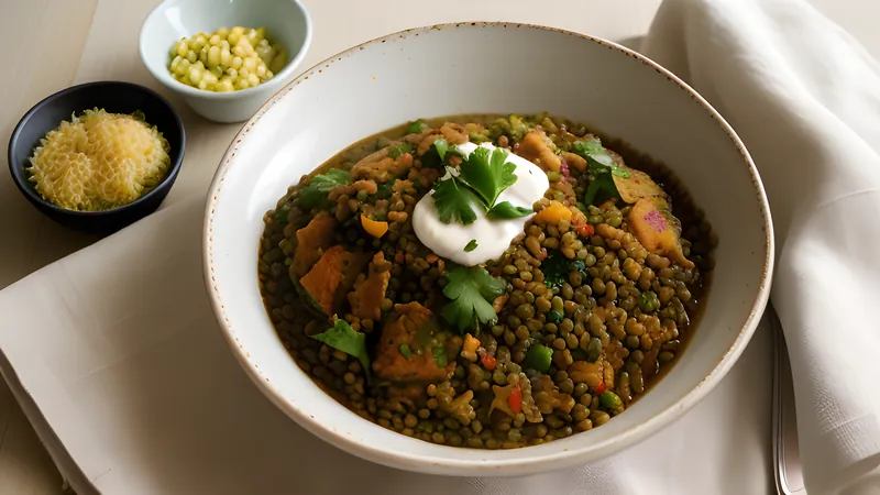 A bowl of glossy orange-brown rice and lentils topped with fried cashews and crisp boondi