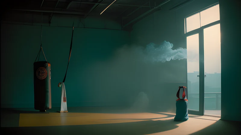 A fighter's silhouette in a spray of foam and light, repertory cinema poster in teal and amber with projector light through smoke