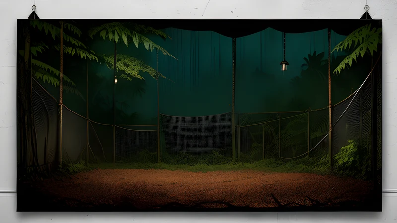 A broken chain lying across jungle undergrowth under a hot amber sky, teal shadows and projector smoke, repertory poster style