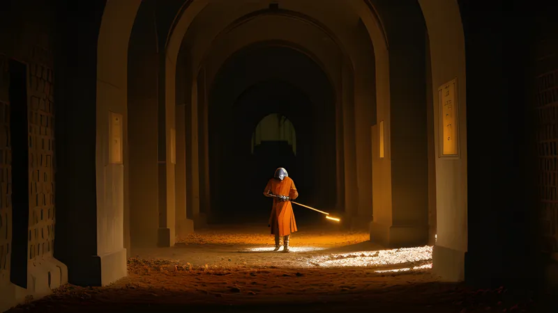 A staff-wielding warrior standing in a mythic stone corridor lit by shafts of light