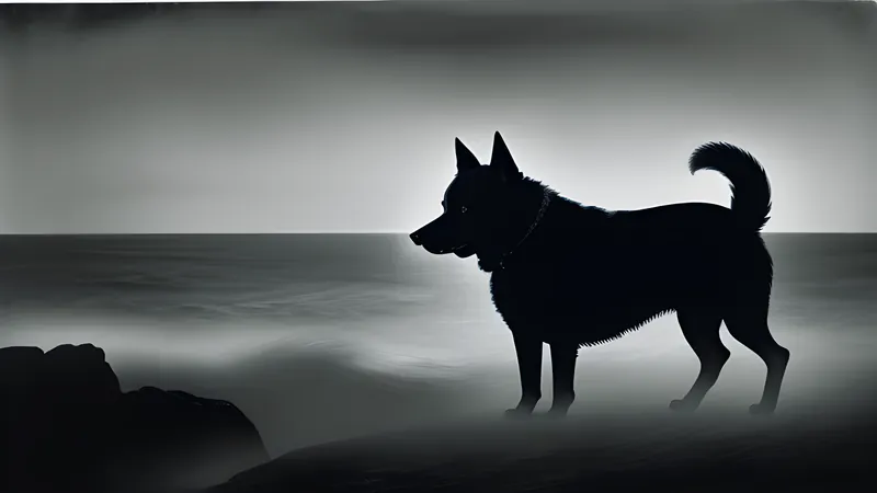 A huge spectral black dog with glowing eyes on a windswept East Anglian coast