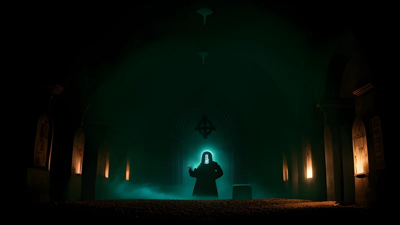 A gothic crypt lit from below with a spiked iron mask resting on a stone sarcophagus, in teal and amber repertory poster style
