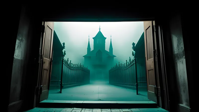 Repertory poster art of a caped silhouette against a stained-glass window above a night skyline, teal and amber, projector light through smoke