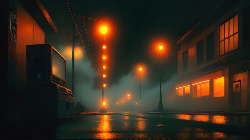 Rain-slicked empty street washed in drifting fog and burnt amber CRT glow with heavy scanlines