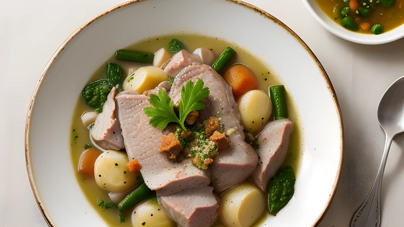 A pale creamy veal stew with button mushrooms and baby onions in a shallow bowl, scattered with tarragon