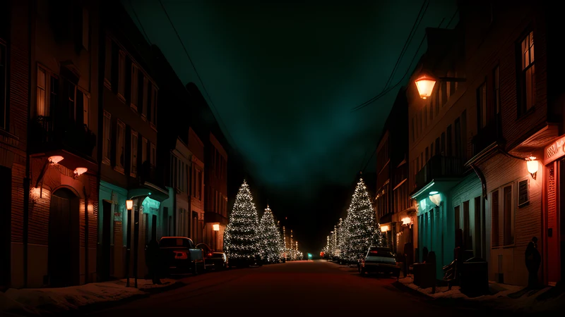A Christmas-lit street at night seen through the windscreen of a parked car