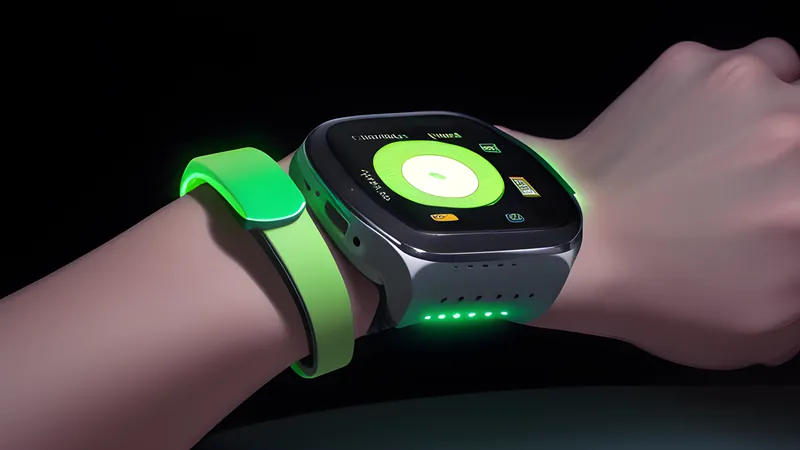 An invented smartwatch underside macro, a pulsing green sensor light glowing against a wrist-shaped surface
