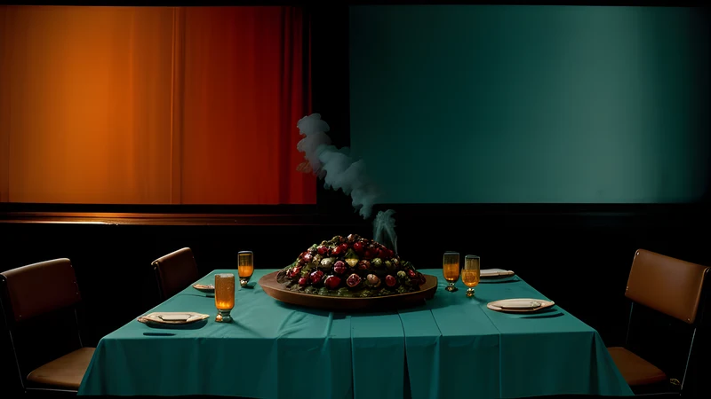 A laid holiday table in low light with cranberry sauce spilled in a dark red pool across the white cloth