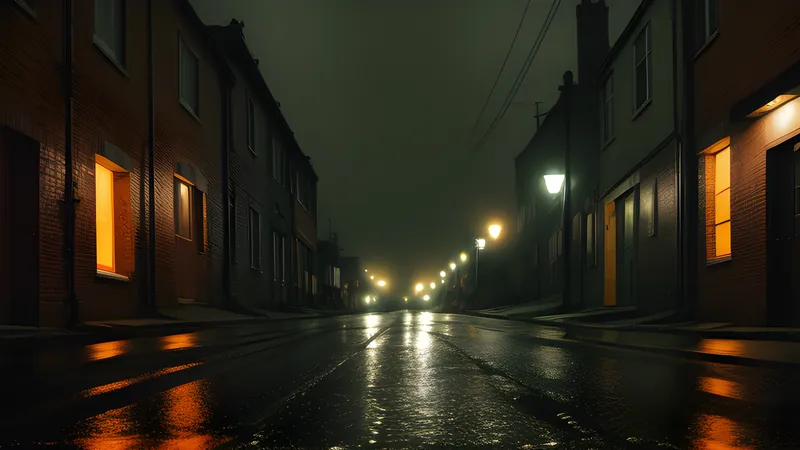 A gaslit cobbled street slick with rain, lit in amber CRT glow, receding into fog