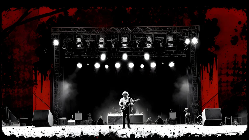 Crowd silhouettes and raised horns before a main-stage rig on a muddy English field, bold editorial ink