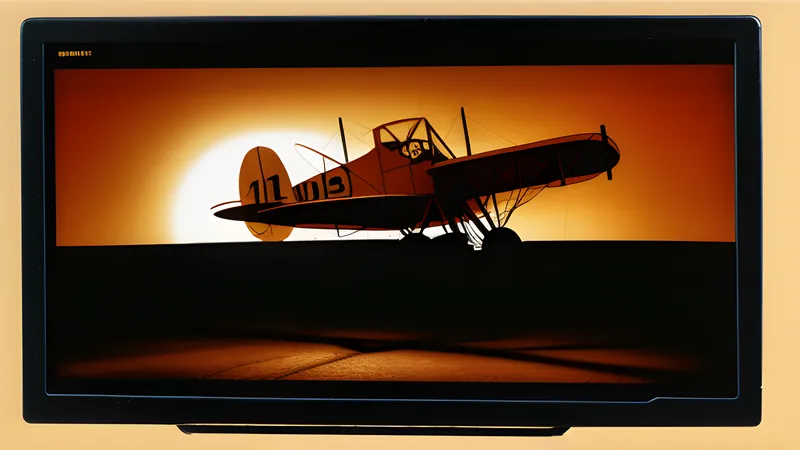 A biplane banking over a diagonal-scrolling landscape on a bombing run, CRT amber glow