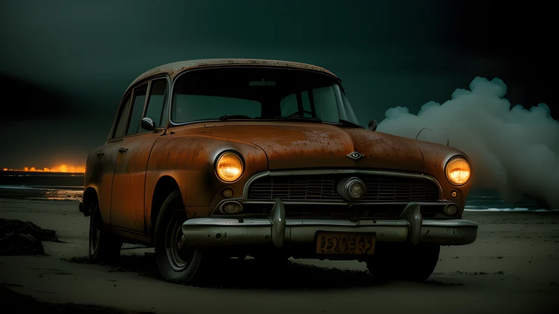A rusted car abandoned on a cold, empty beach under a grey sky