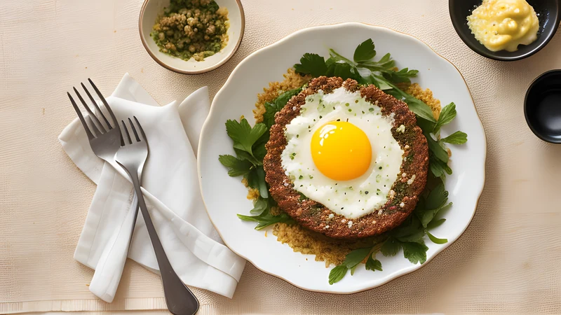 Baked spiced mince with golden egg custard top and bay leaves, with yellow rice