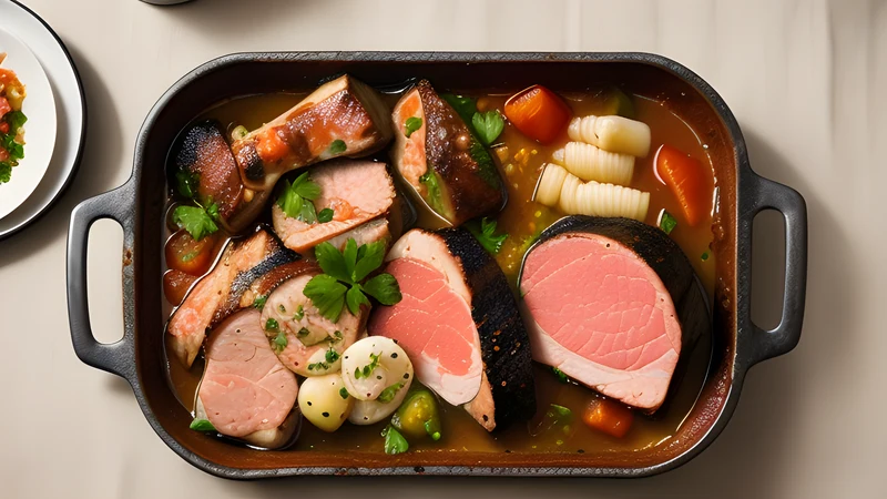 Sliced boiled beef, tongue and sausage on a warm platter with green sauce alongside