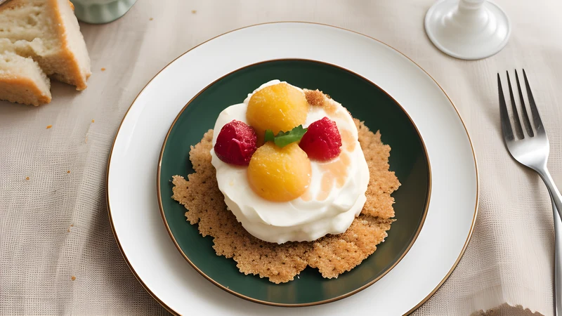 Ring-shaped sweet bread topped with candied fruit and nuts, dusted with icing sugar