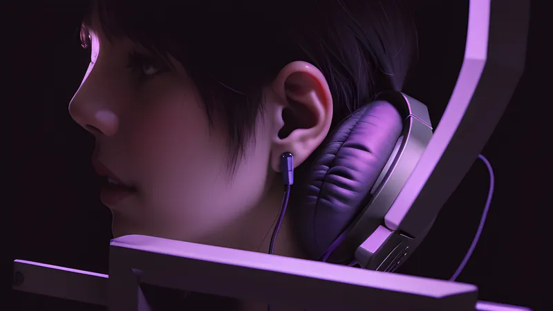 An invented open-ear headphone arm resting against a jawline silhouette, vibration rings pulsing through bone