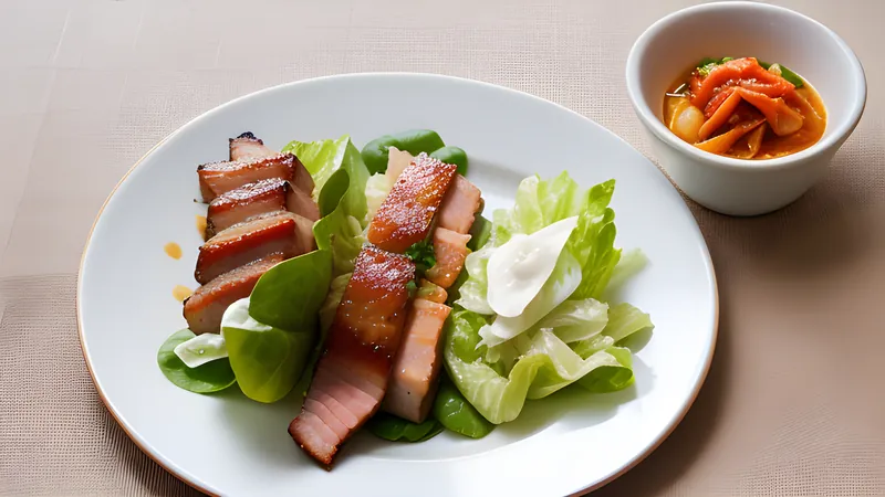 Sliced boiled pork belly arranged with lettuce leaves and kimchi for wrapping