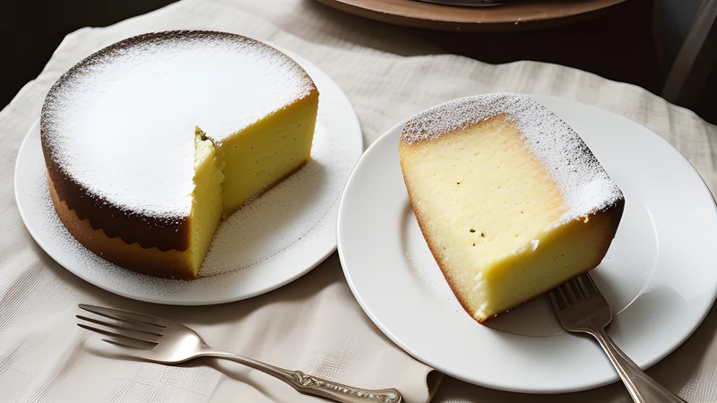 A shallow golden butter cake with a scored diamond pattern and glazed top, one wedge cut away