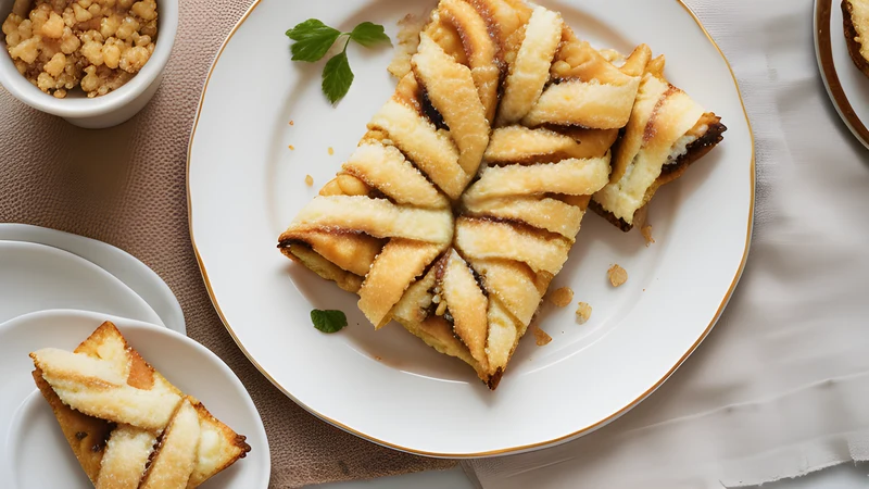 Squares of golden filo pastry filled with pale custard, dusted heavily with icing sugar and cinnamon