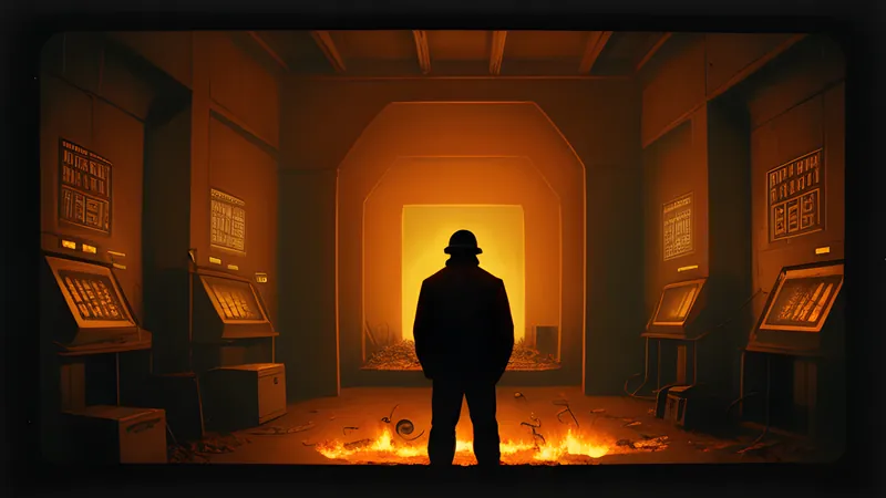 A miner navigating a cruel maze of conveyor belts and mine shafts, CRT amber glow