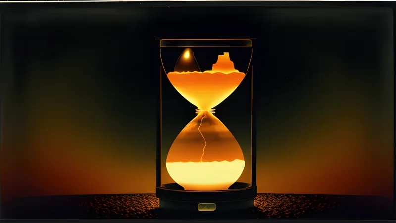 A rippling hourglass reflection warping a soft watercolour meadow, rendered in amber CRT glow