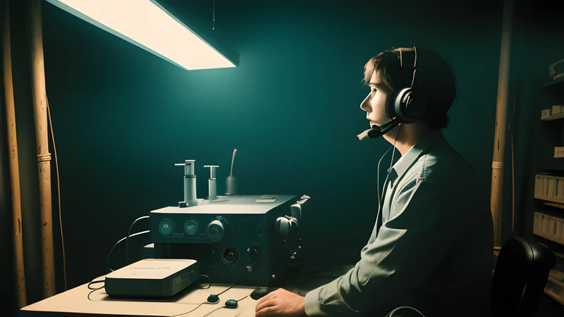 A headset resting on a lab bench beside a reel of tape spooling out