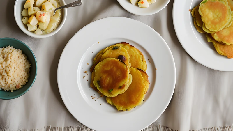 Crisp lace-edged potato pancakes on parchment, one torn to show the soft interior