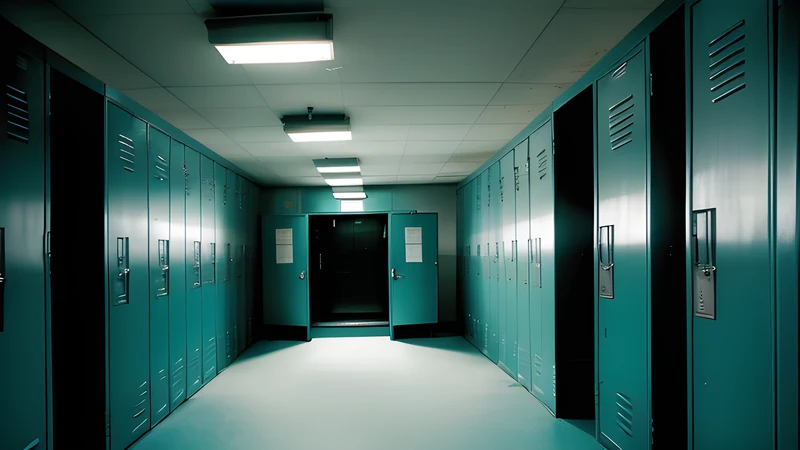 A row of school lockers in an empty corridor with a folded note pushed through a vent