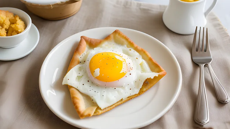 Golden fried triangular pastry cut open to show a runny egg yolk