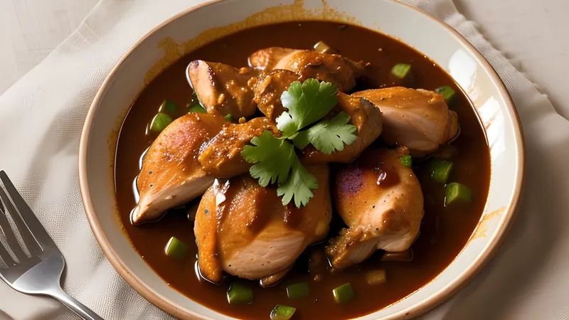 Chicken pieces in a dark mahogany gravy studded with thyme, scotch bonnet and carrot, in a black cast iron pot