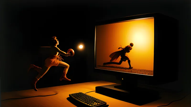 A lone fighter leaping between hanging lanterns in a single stone chamber, rendered in warm CRT phosphor glow