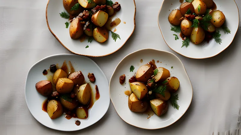 Small round potatoes glazed in dark glossy caramel in a heavy pan, catching the light