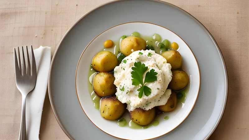 A bowl of small pale potato dumplings coated in white sheep's cheese, topped with crisp bacon pieces and chopped chives
