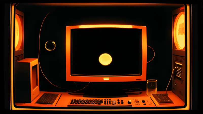 Iridescent soap bubbles drifting upward through a dark room lit by burnt amber CRT glow, phosphor bloom and scanlines