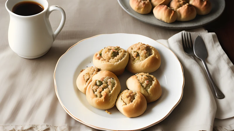 A dish of golden-topped Buchteln packed tightly together, one pulled away showing dark plum filling and pale steamed sides