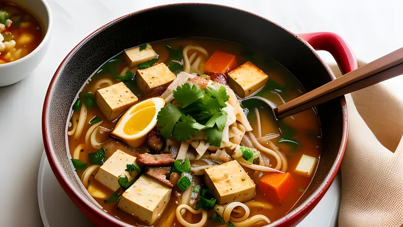 A bubbling pot of budae jjigae with spam, sausage, tofu and noodles in red broth