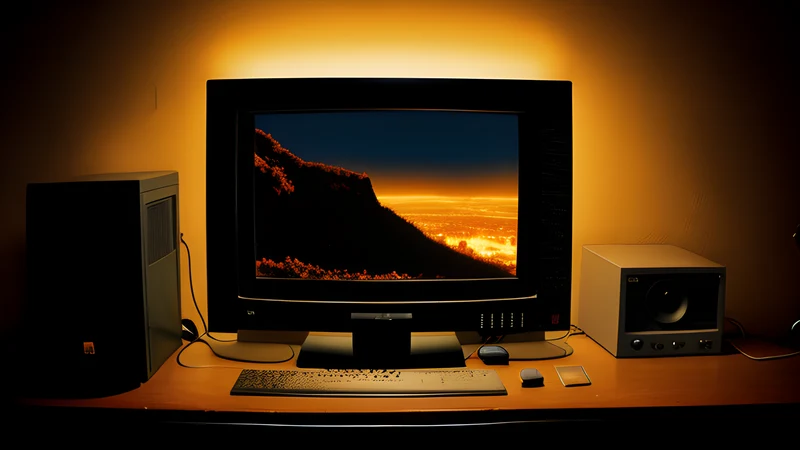 A hand hovering godlike over a tiny glowing landscape, warm amber light, phosphor bloom and scanlines