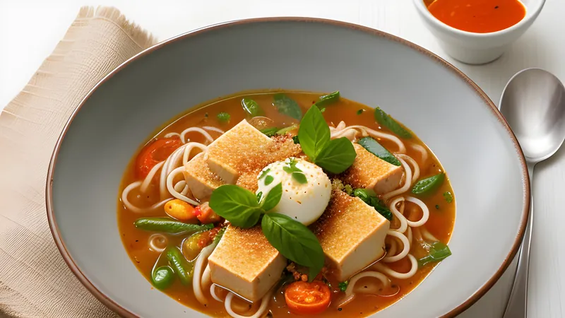 A bowl of tomato-red bun rieu with rice vermicelli, crab custard, tofu and herbs