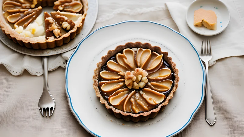 A round golden walnut tart with a sealed pastry lid, one wedge cut away showing a dense layer of caramelised walnuts inside