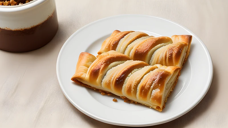 A large round coiled pastry with a blistered golden crust in a metal pan, one wedge lifted to show minced meat inside