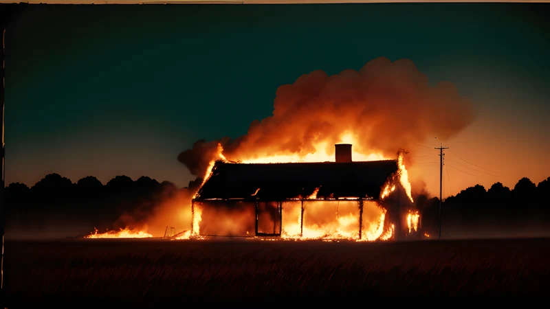 A greenhouse burning at dusk in an empty field, orange flame against a cold blue sky
