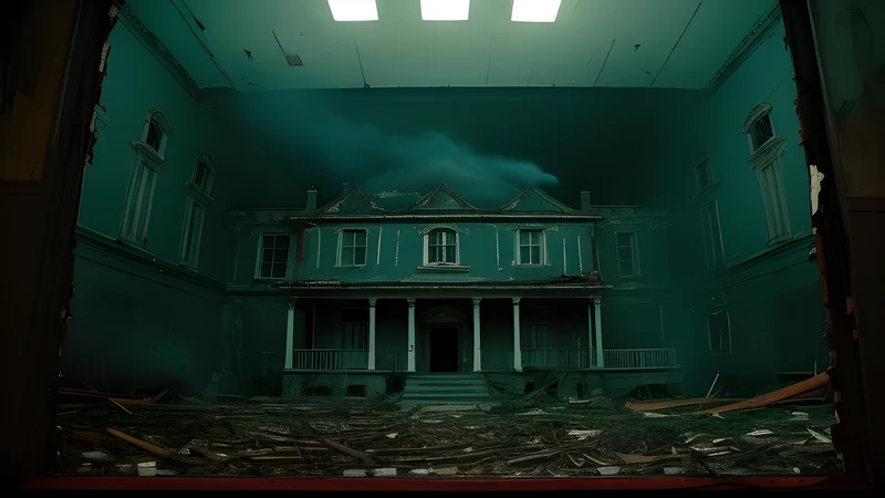 A decaying mansion with one wing visibly restored to fresh paint and glass, in teal and amber poster light