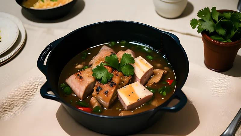 Catfish steaks braised dark brown in a clay pot, glistening with caramel sauce and scattered with spring onion and pepper