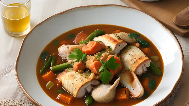 A deep red seafood stew with mussels, prawns and octopus over garlic toast in a wide bowl