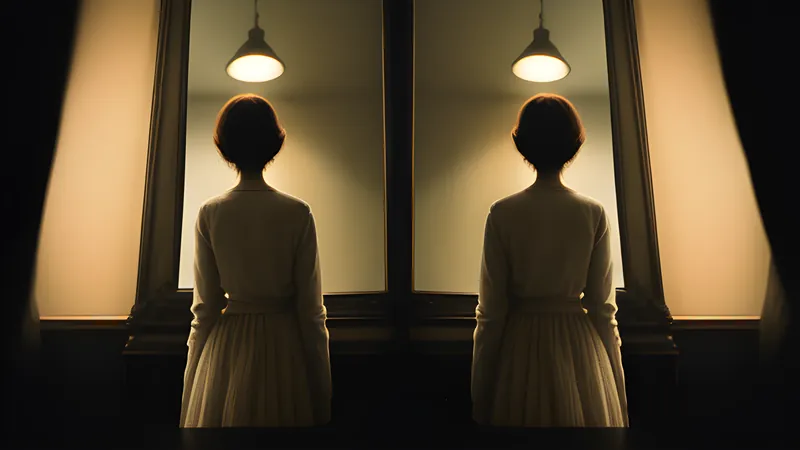 A glowing duplicate mirror image standing slightly ahead of its true original, both fading in and out of sync