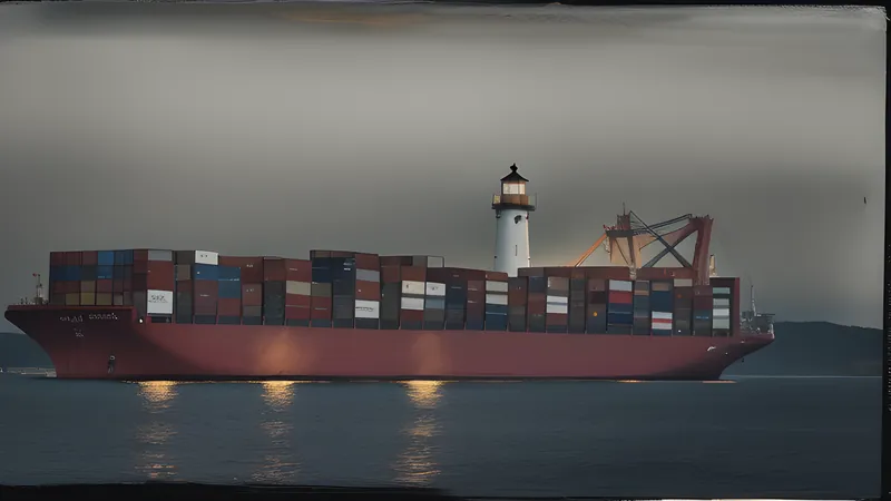 Two lighthouse beams crossing over a dark harbour full of container ships