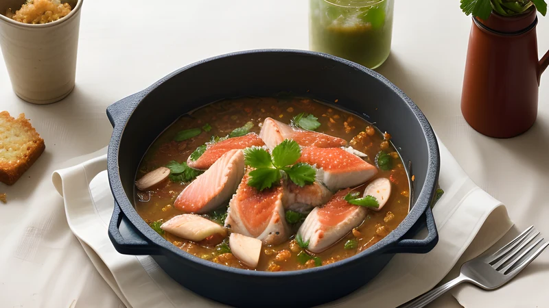 A wide pot of layered fish stew with potatoes, peppers and tomato, a strip of orange peel visible, bread alongside