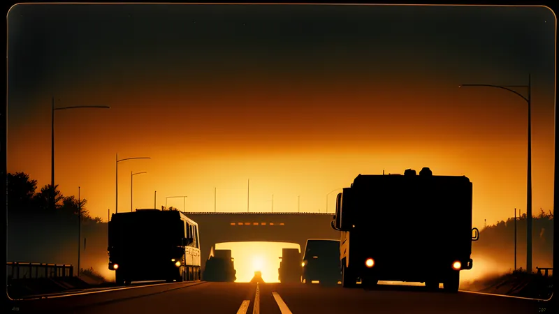 A dust-choked convoy silhouette crossing a war-torn overpass at sunset, amber CRT phosphor glow