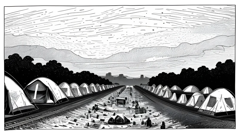 A festival tent city at dawn beside a departing commuter train, bold editorial ink with a single crimson accent.